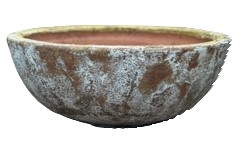 The antique Sorrento Achilles Urn, a rustic round stone bowl with textured surface and earthy color variations, exudes timeless elegance in its 36x46cm size.