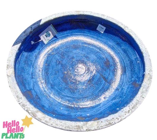 A large Sorrento Birdbath in iridami blue ceramic, measuring 75x70cm, with two price tags attached.