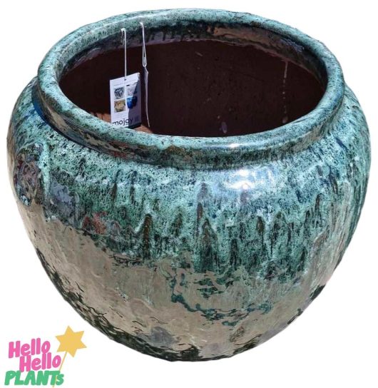 The Sorrento "Sadiki Urn Antique" ceramic pot, size M at 40x36cm, features a glazed, textured surface and a small tag inside, adding elegance to any space.