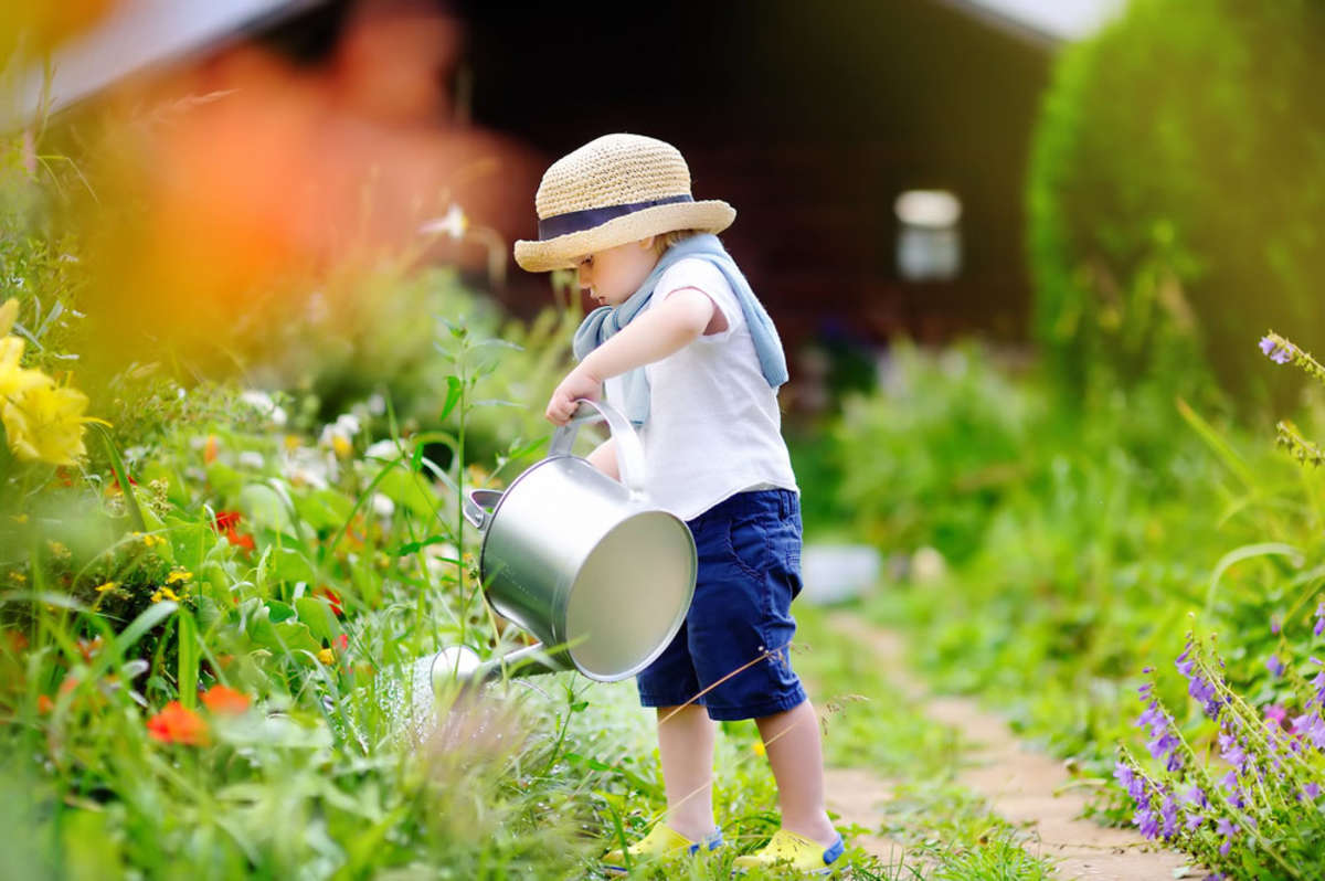 In a colorful garden, a child in a straw hat and blue shorts discovers the many benefits of gardening while watering plants with a silver can.