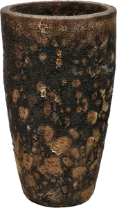 A tall, textured brown and black ceramic vase with a rustic, mottled appearance reminiscent of the Seafoam Cylinder Planter Dark Grey M 30x30cm.