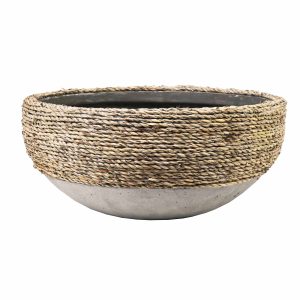 The UrbanStyle Egg with Leg BlackStone M 48x81cm features a two-tone design: a smooth, light gray concrete base and a textured woven-like upper half. Its modern aesthetic brings a chic touch to any space.