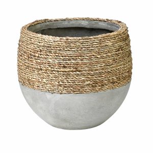 The UrbanGrass Bowl S 31x14cm planter features a stylish design with a smooth gray concrete base and a textured, woven rope upper half.