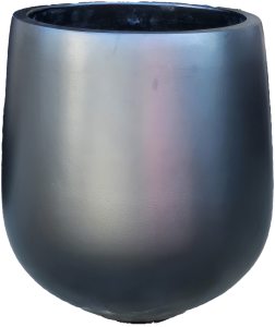 The Vaucluse Sphere Pot Black 50x55cm is a large, smooth, rounded planter with a shiny metallic gray finish and an open top, perfect for making a statement in any garden or indoor space.