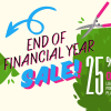 Graphic promoting an "End of Financial Year Sale" with 25% off popular bare rooted plants for sale, featuring garden shears and plant graphics. EOFY