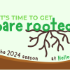 Promotional graphic with the text: "It's time to get bare rooted for the 2024 season at Hello Hello Plant Nursery" featuring root illustrations.