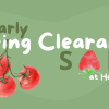 Graphic with text "Early Spring Plant Clearance Sale at Hello Hello" featuring illustrations of tomatoes and a strawberry.