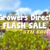 Colorful advertisement for Growers Direct Flash Sale's 5th edition, featuring a smiling person in a floral shirt and pink tutu.