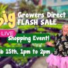 Man in pink tutu smiling in front of a garden center display. Text reads "Big Growers Direct Flash Summer Plant Sale LIVE Shopping Event! Feb 15th, 1pm to 2pm.