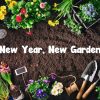 Garden design tools and colorful flowers are artfully arranged around soil, framing the text "New Year, New Garden" at the center.