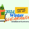 Illustration of a plant wearing sunglasses and a scarf in a shopping cart. Text reads: "Huge Winter 2024 Clearance Sale, minimum 25% off, hundreds of plants on sale.