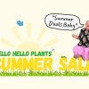 Man in pink tutu with speech bubble declaring "Summer Deals Baby" stands above text "Hello Hello Plants Summer Plant Sale" on a grassy background with sun and birds.